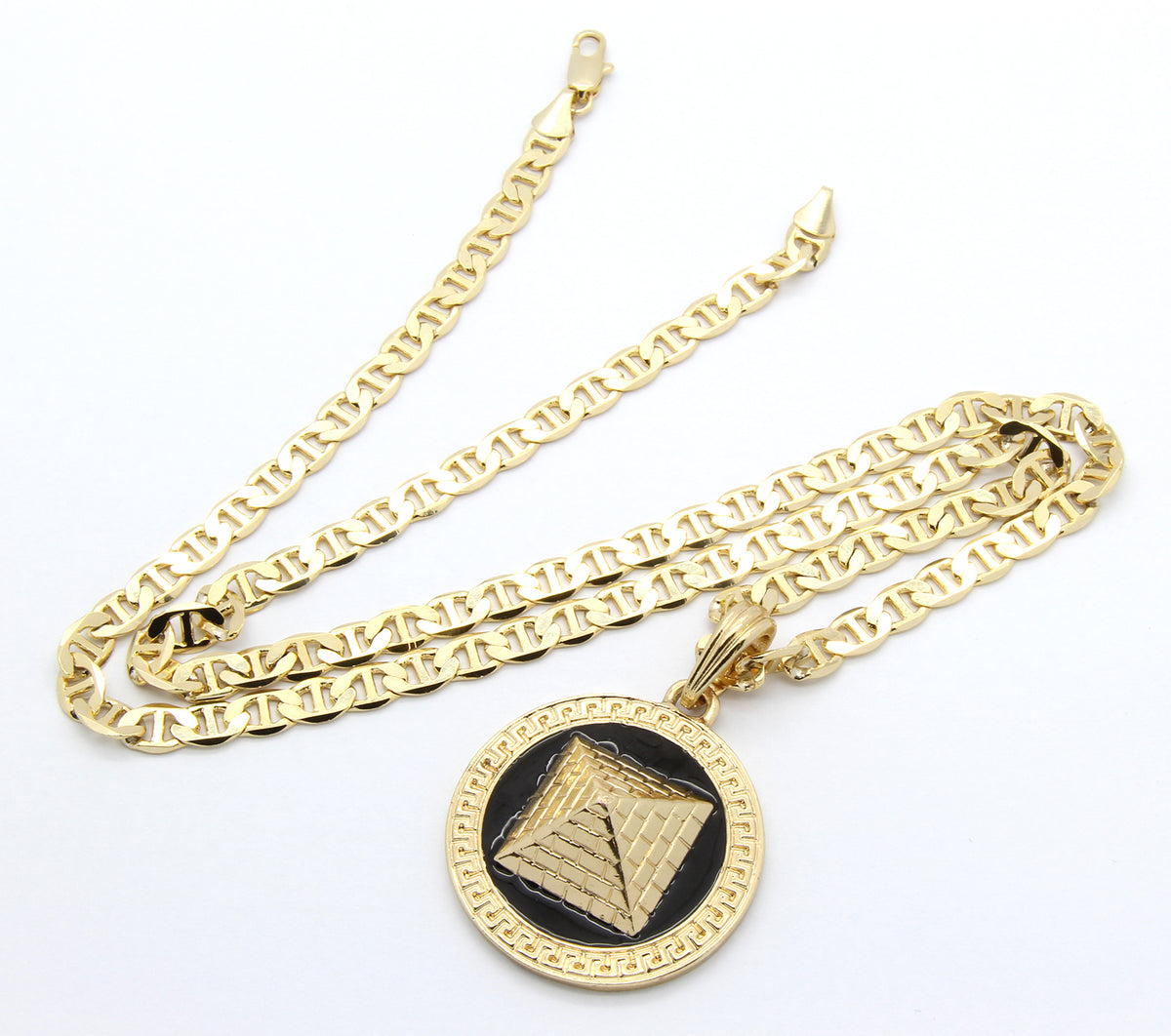 Men's Round Pyramid Pattern Gold Black 24" Gucci Chain Pendant Necklace
