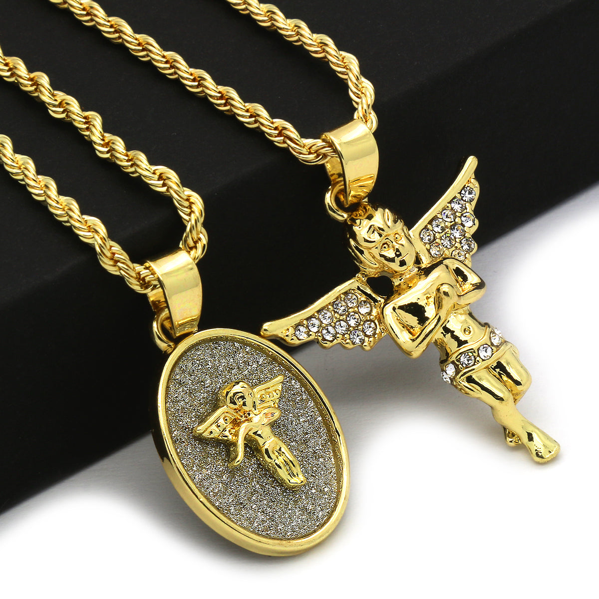 14k Gold 2 Pcs Set of Angel CZ 2mm 30" and 24" Rope Chain