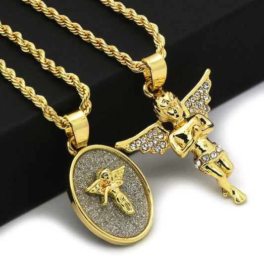 14k Gold 2 Pcs Set of Angel CZ 2mm 30" and 24" Rope Chain