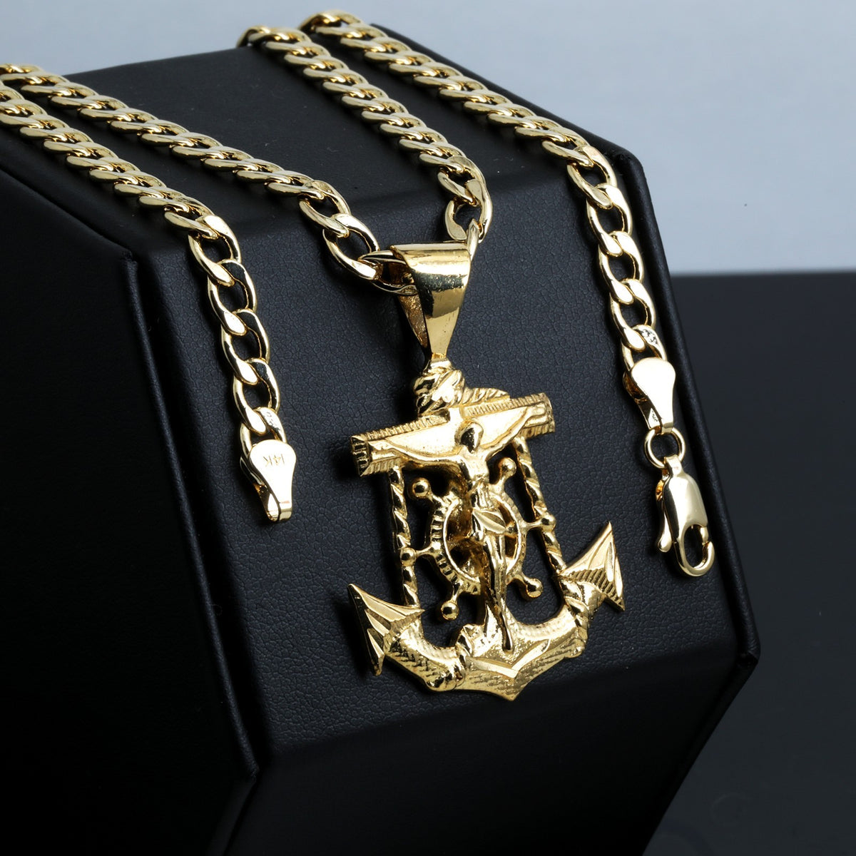 Anchor Jesus Charm Pendant 14k Gold 5mm 20" Cuban Choker Chain