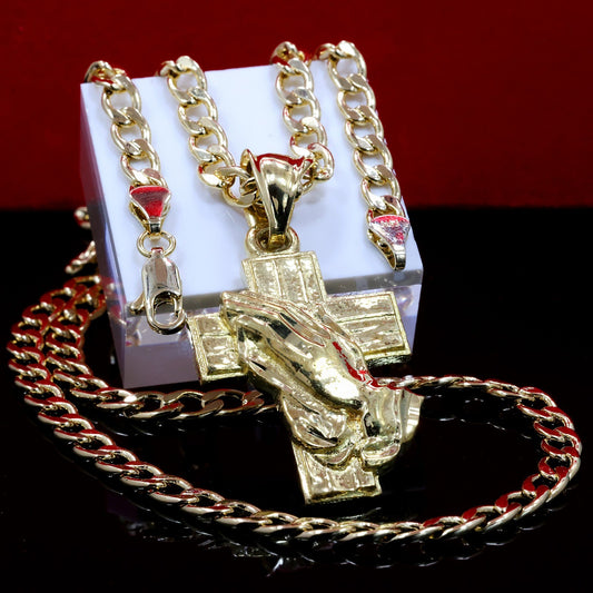 14k Cross Prayer Hand Pendant Gold Charm 20" Cuban Link Choker Chain 212