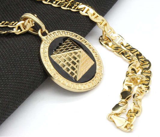 Men's Round Pyramid Pattern Gold Black 24" Gucci Chain Pendant Necklace