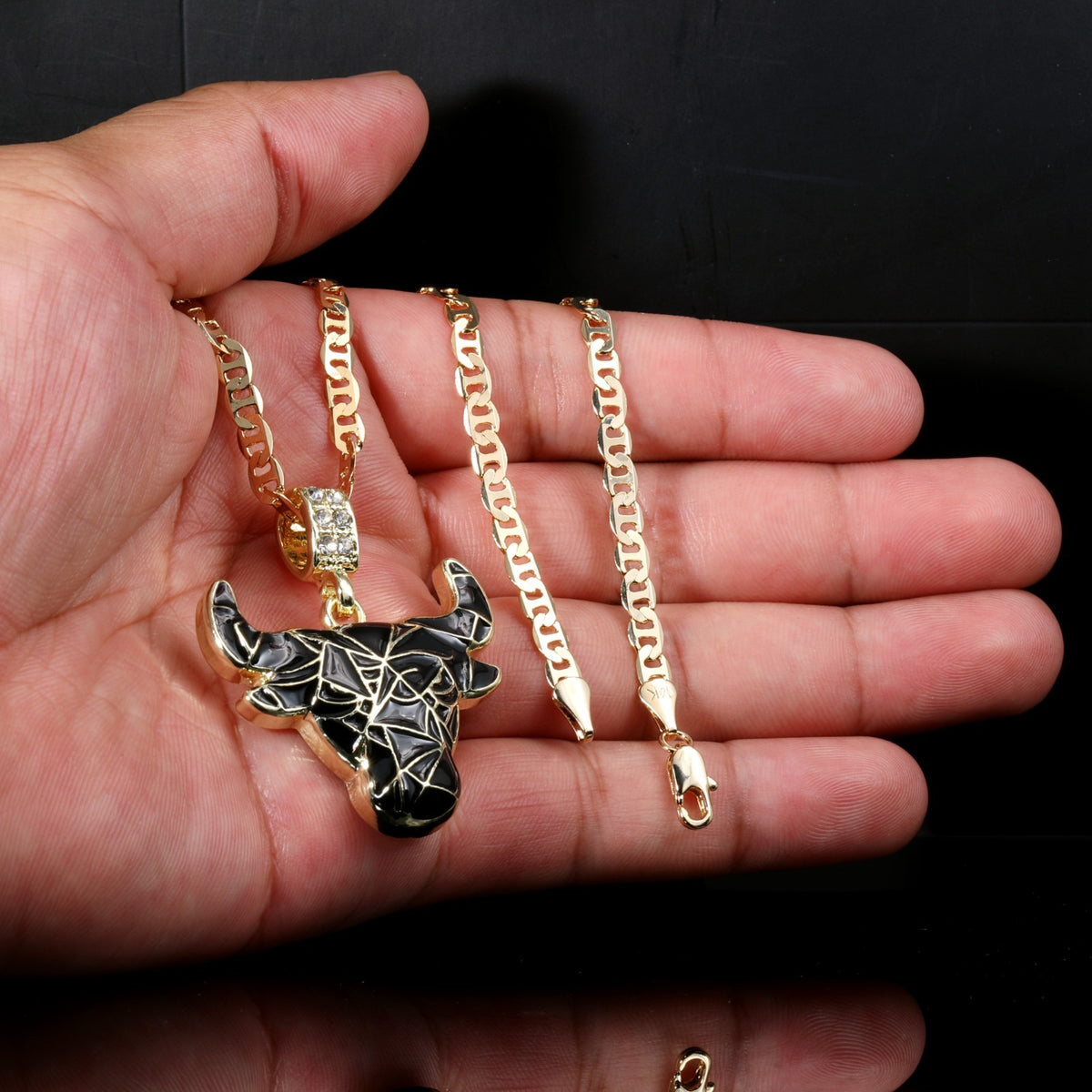 14k Gold Flat Mariner Chain Necklace 20" Bull Taurus Black Marble Gold
