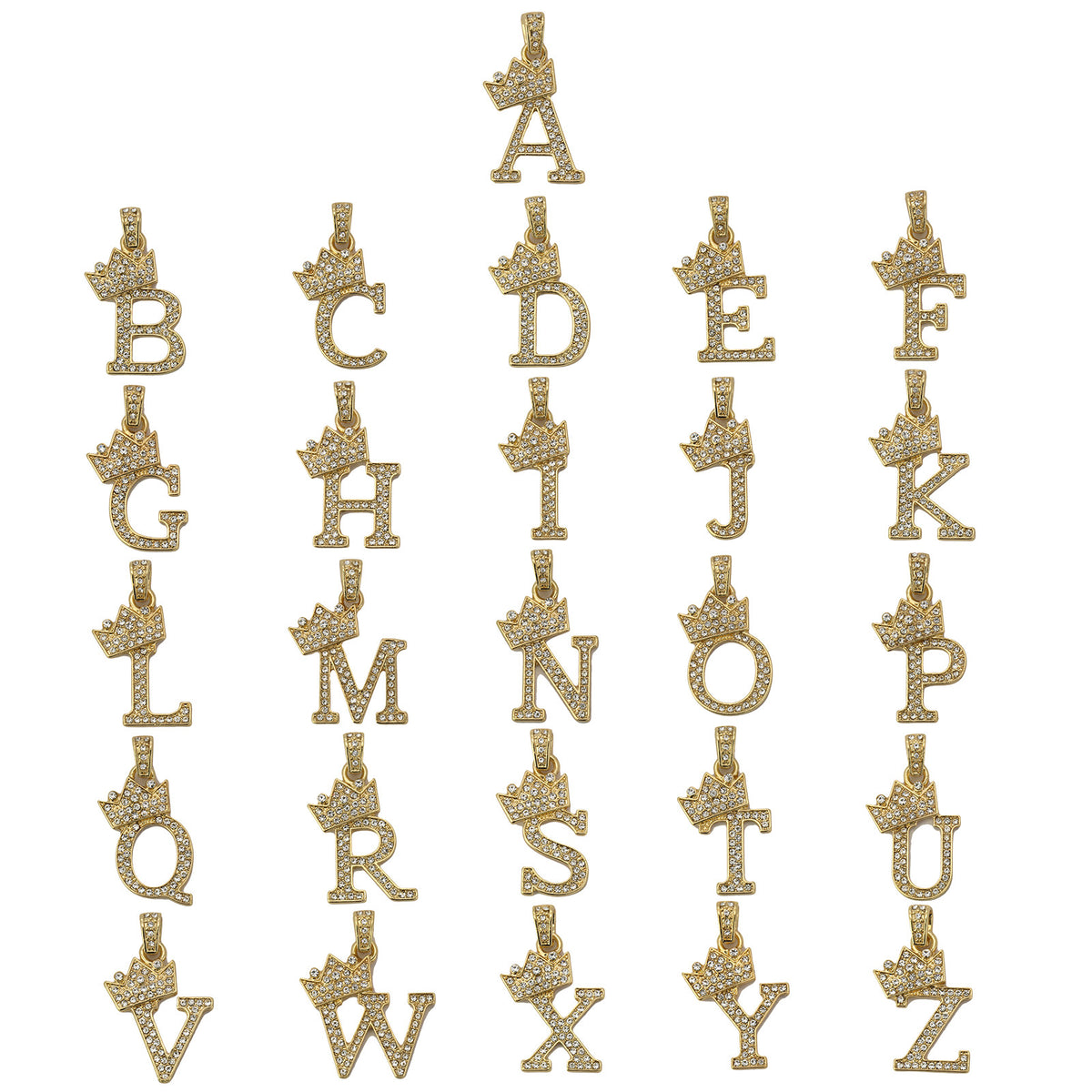 Gold Crown Alphabet Initial Letter Pendant CZ 24" Cuban Chain