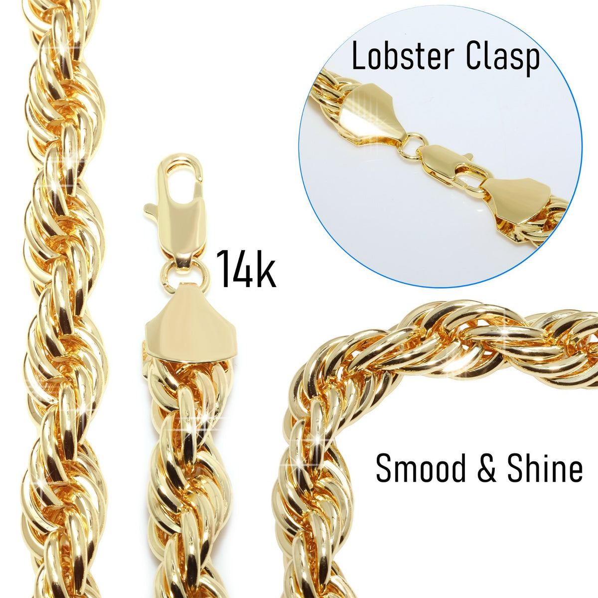 Rope Chain Necklace 10mm 20" + 30" Set 14k Gold Men's Jewelry