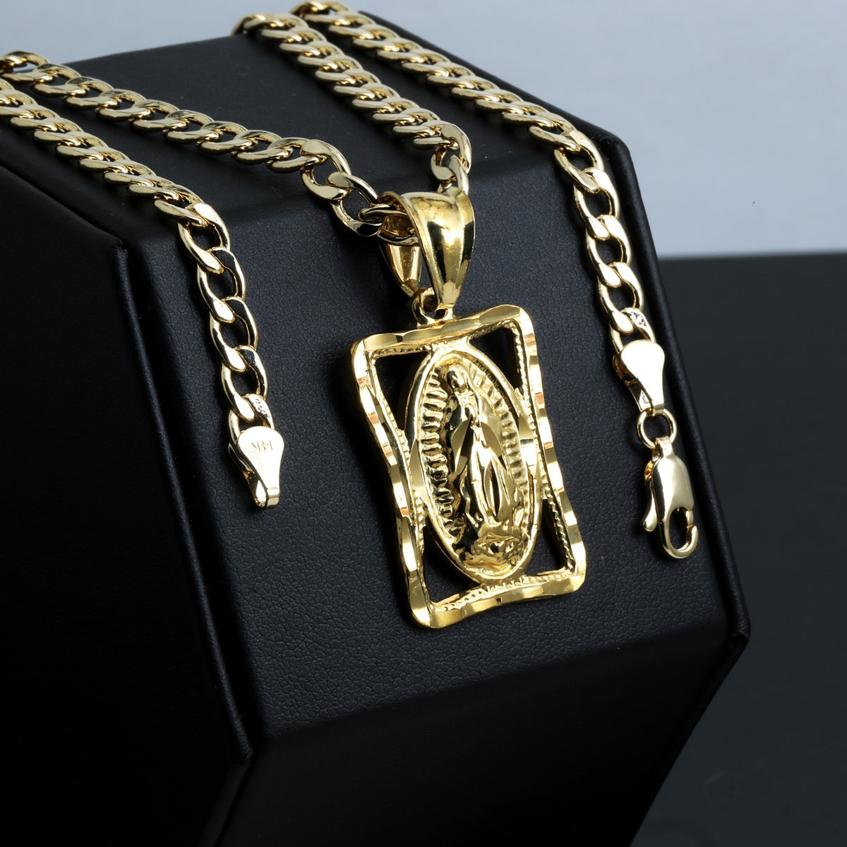 Hollow Virgin Mary Charm Pendant 14k Gold 5mm 20" Cuban Choker Chain