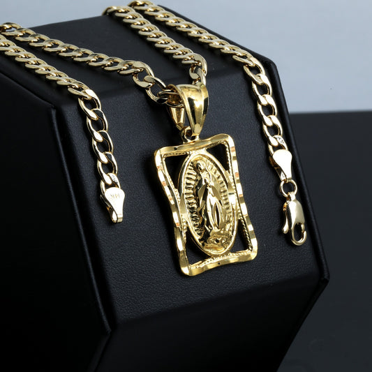 Hollow Virgin Mary Charm Pendant 14k Gold 5mm 20" Cuban Choker Chain