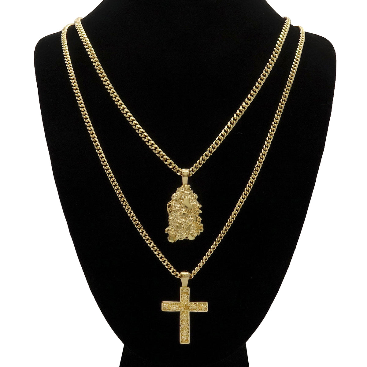Men's 14k Gold High 2 Pc Nugget & Cross 3mm 30" & 24" Cuban Chain