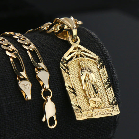 Virgin Mary Temple 14k Gold Pendant 24" Figaro Choker Chain