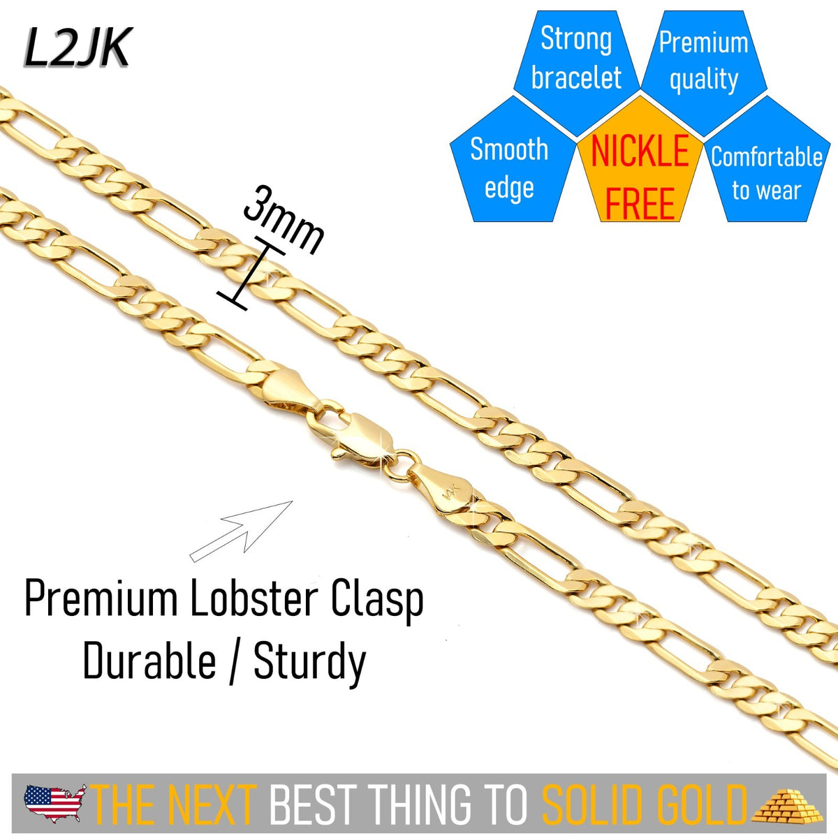 Figaro Chain Choker 14k Gold 3mm 20" for Men & Women