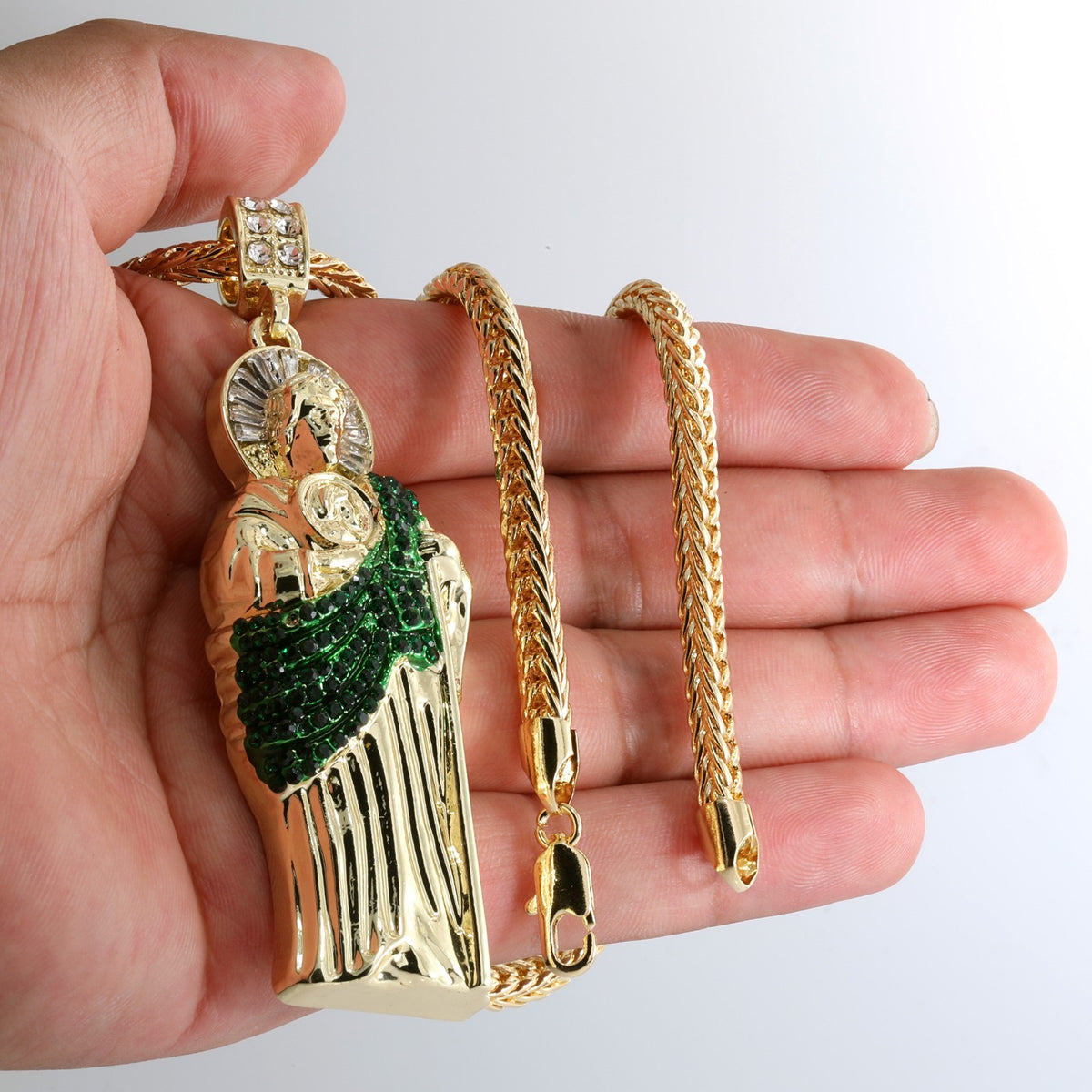 Franco Chain Necklace 4mm - 20" 24" 30" Green San Judas Pendant Gold