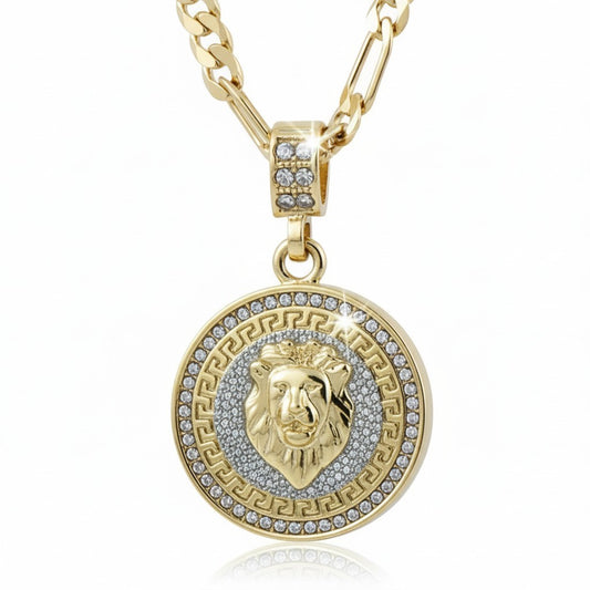L2jk Men’s Gold Tone CZ Lion Face Pendant Necklace, 5mm 24” Figaro Chain