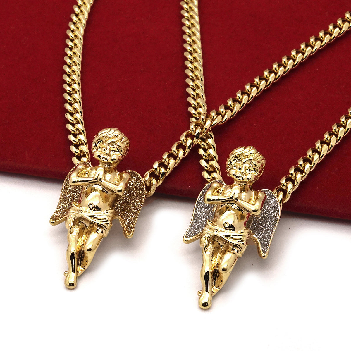 Men's 14k Gold High 2 Pcs Angels 3mm 30" & 24" Cuban Necklace
