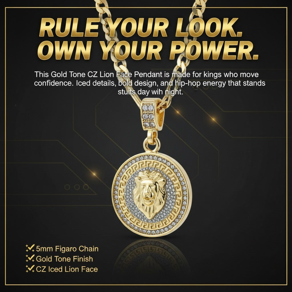 L2jk Men’s Gold Tone CZ Lion Face Pendant Necklace, 5mm 24” Figaro Chain