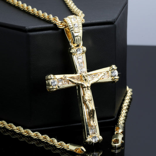 Iced Latin Jesus Cross Pendant CZ 14k Gold Rope Chain for Men
