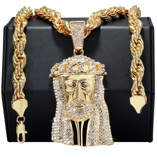 14k Rope Chain 10mm 20" & 24" Large Cuban Crown Jesus Piece Gold