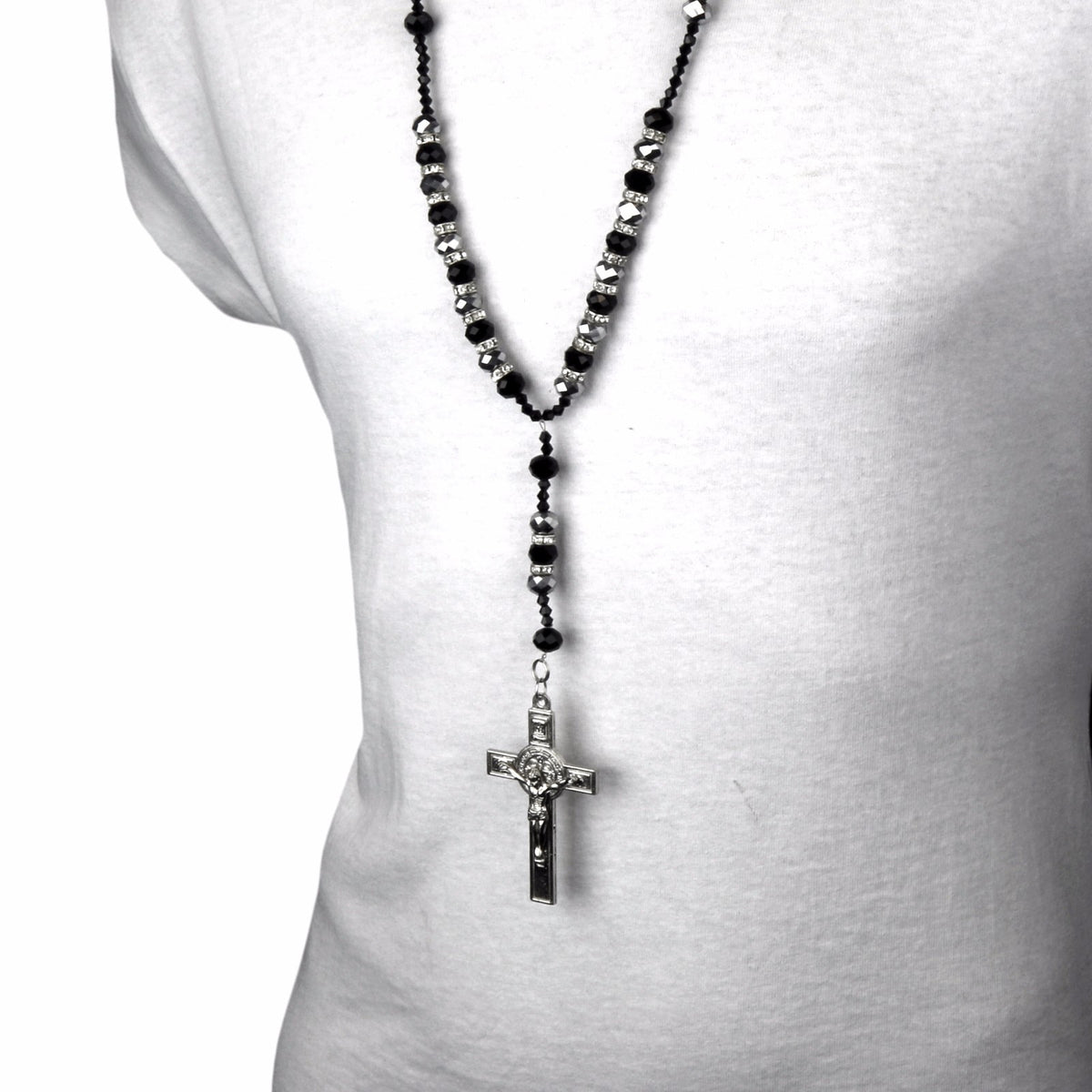 Black/gray Beads CZ Rosary Jesus Cross Religious Chain