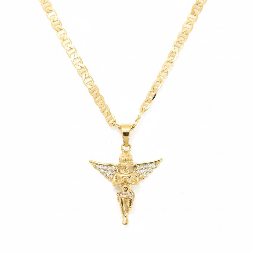 Gold Tone CZ Angel Pendant Necklace 5mm 24” Mariner Chain Men Women