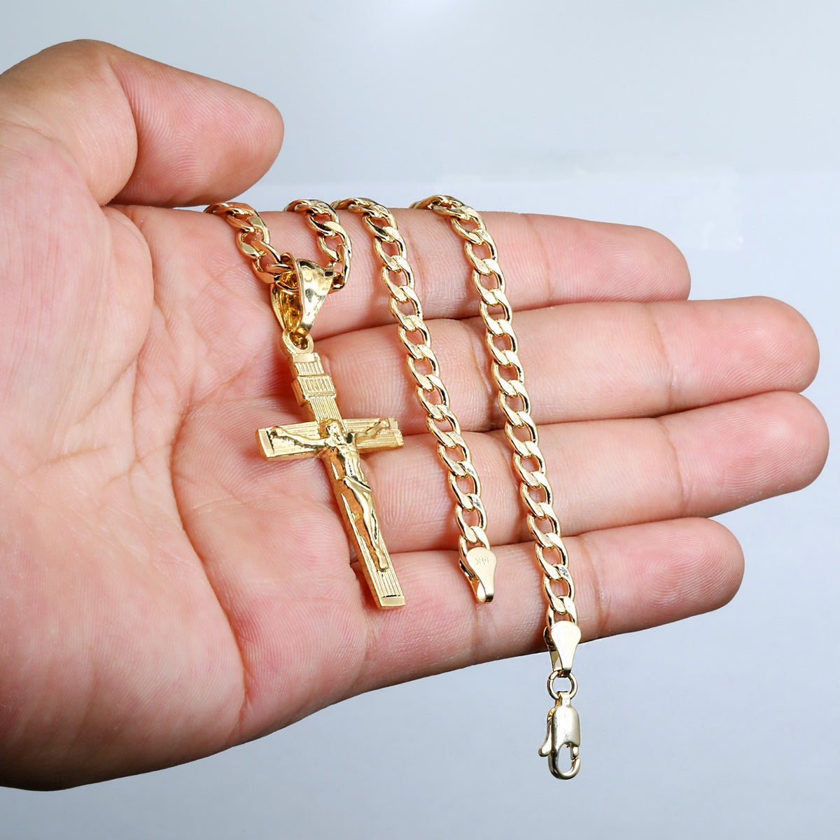 14k Slim Jesus Cross Pendant Gold Inri Charm 20" Cuban Link Choker Chain