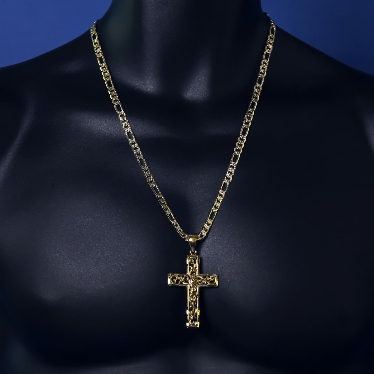 Hollow Cross Jesus Pendant Gold 24" Figaro Chain Necklace