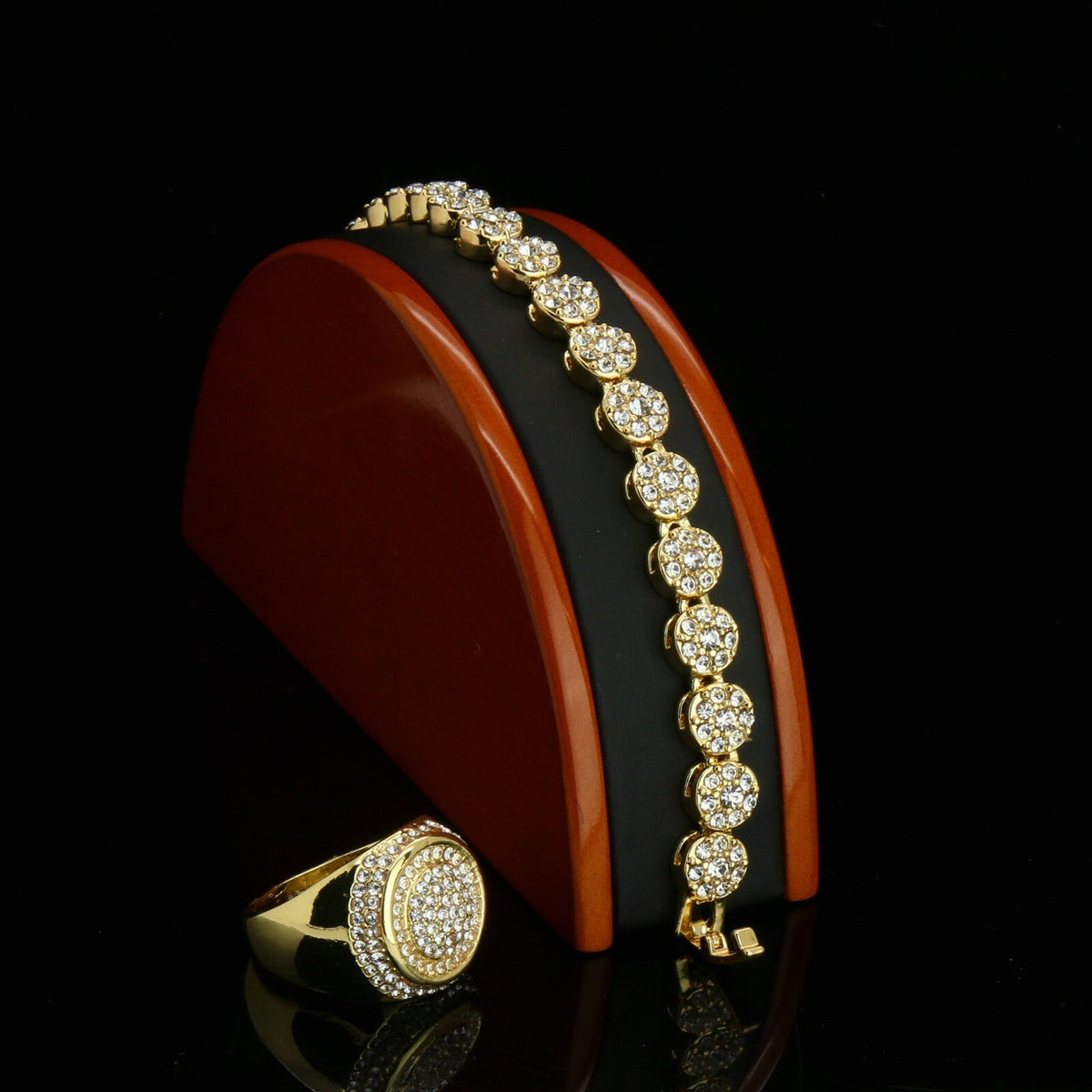 Men's Gold Iced CZ Round Flower Bracelet Round Ring