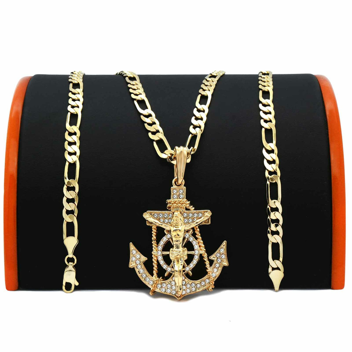 14k Gold Jesus Anchor Pendant CZ 30" Figaro Chain