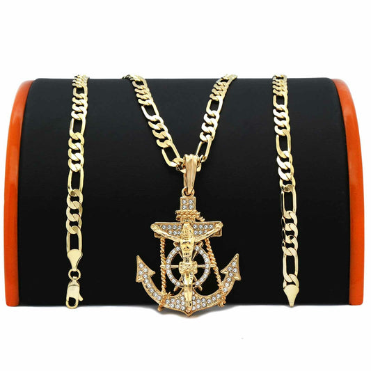 14k Gold Jesus Anchor Pendant CZ 30" Figaro Chain
