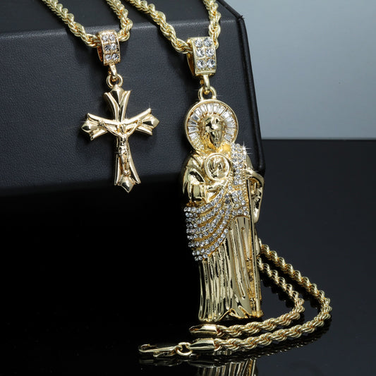 San Judas & Jesus Patonce Cross CZ 14k Gold 4mm Rope Chain