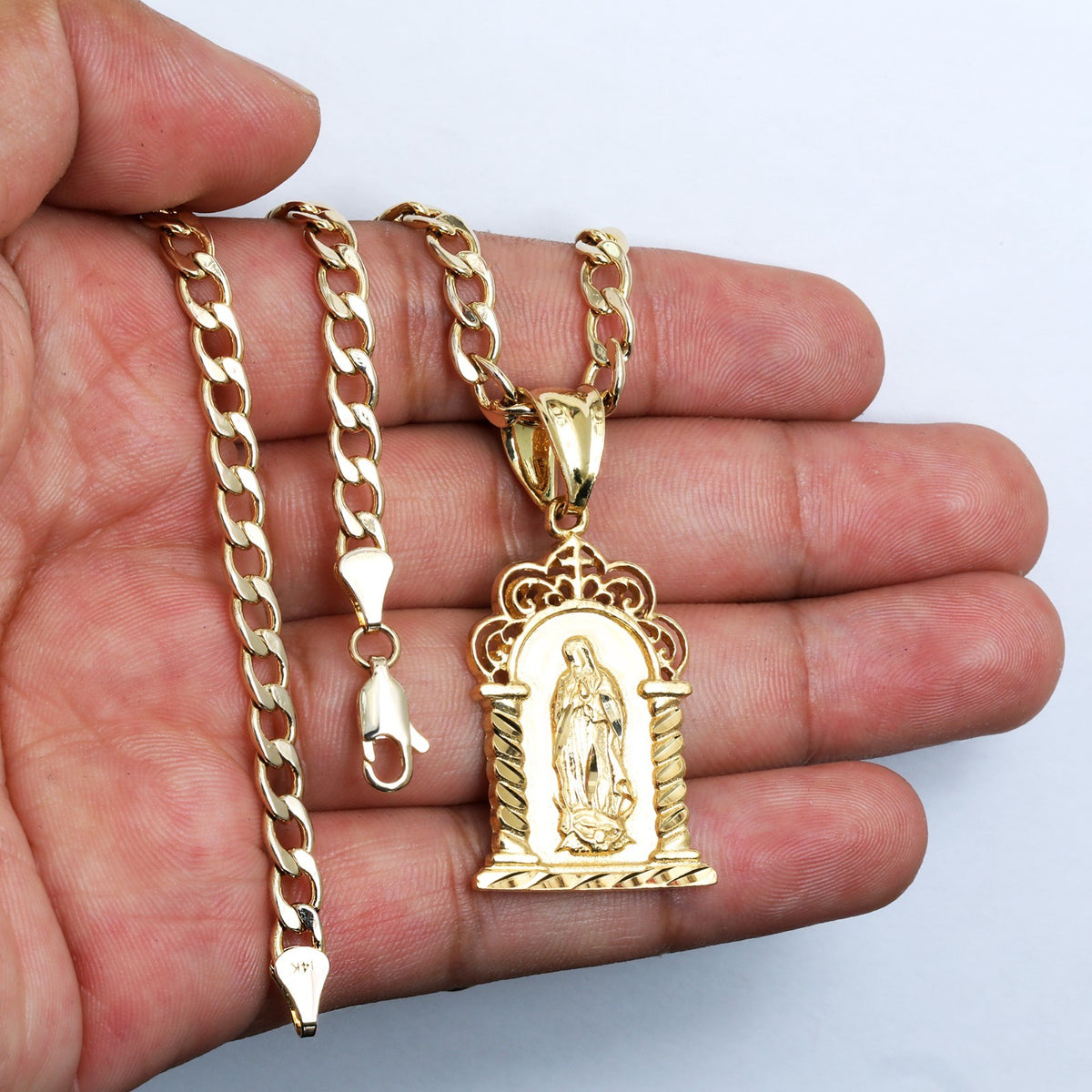 Garden Virgin Mary Charm Pendant 14k Gold 20" Cuban Choker Chain