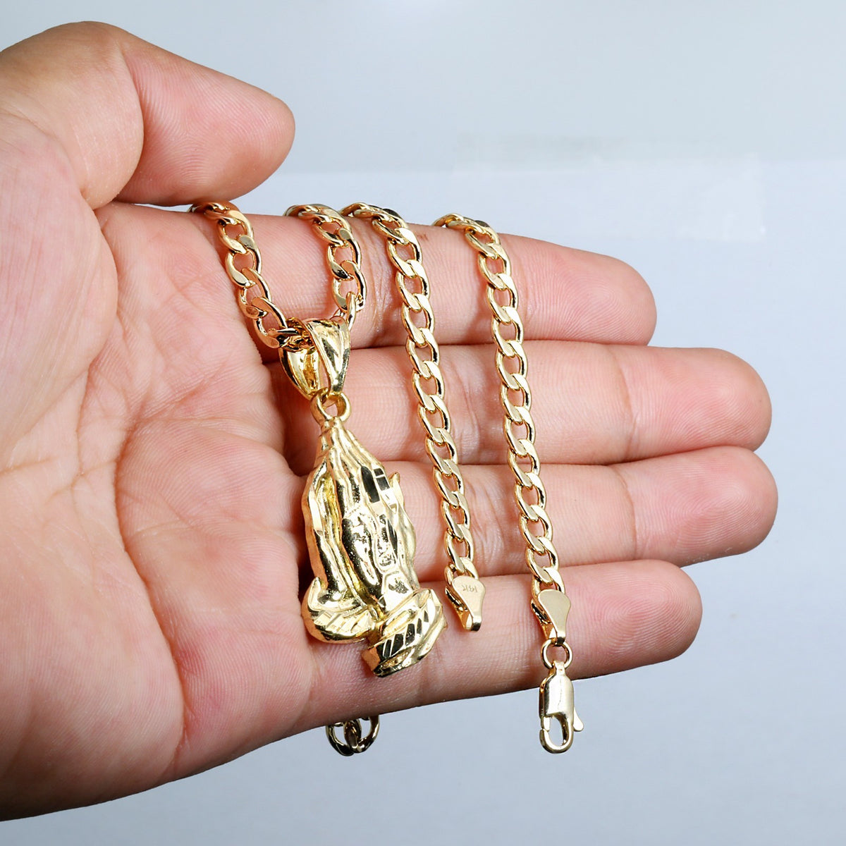 Jesus Prayer Hand 14k Gold Charm Pendant 20" Cuban Link Choker Chain 212