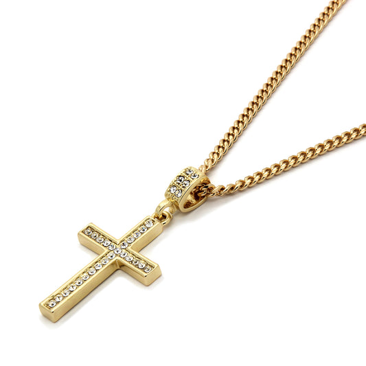 Men's 14k Gold CZ Lined Cross Pendant 30" Cuban Chain