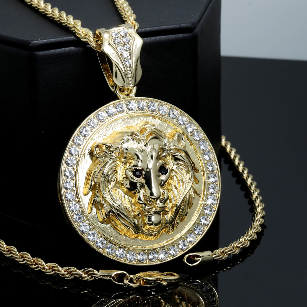 Lion Round Pendant Bk Eye Iced CZ 4mm Rope Chain 14k Gold