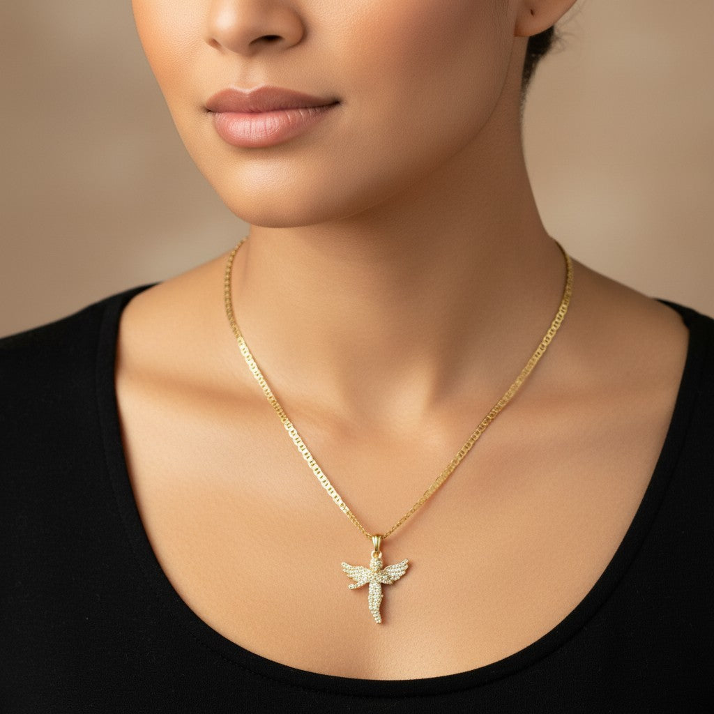 Gold Tone CZ Wing Prayer Angel Necklace – 14k Gold Mariner Chain
