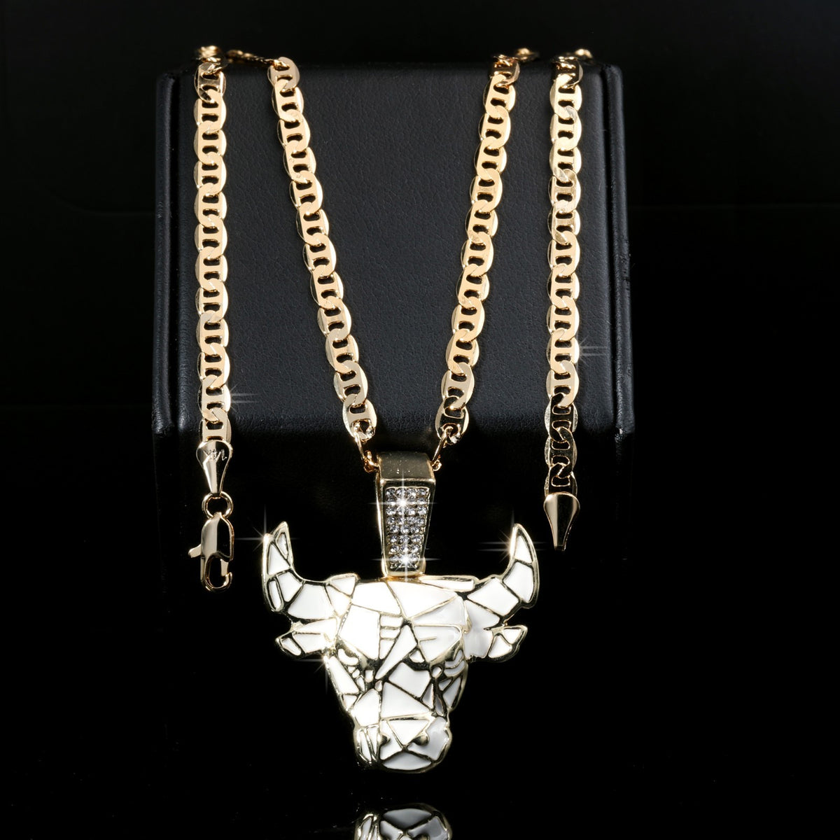 14k Gold Flat Mariner Chain Necklace 20" Bull Taurus White Marble Gold