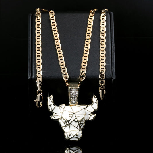 14k Gold Flat Mariner Chain Necklace 20" Bull Taurus White Marble Gold
