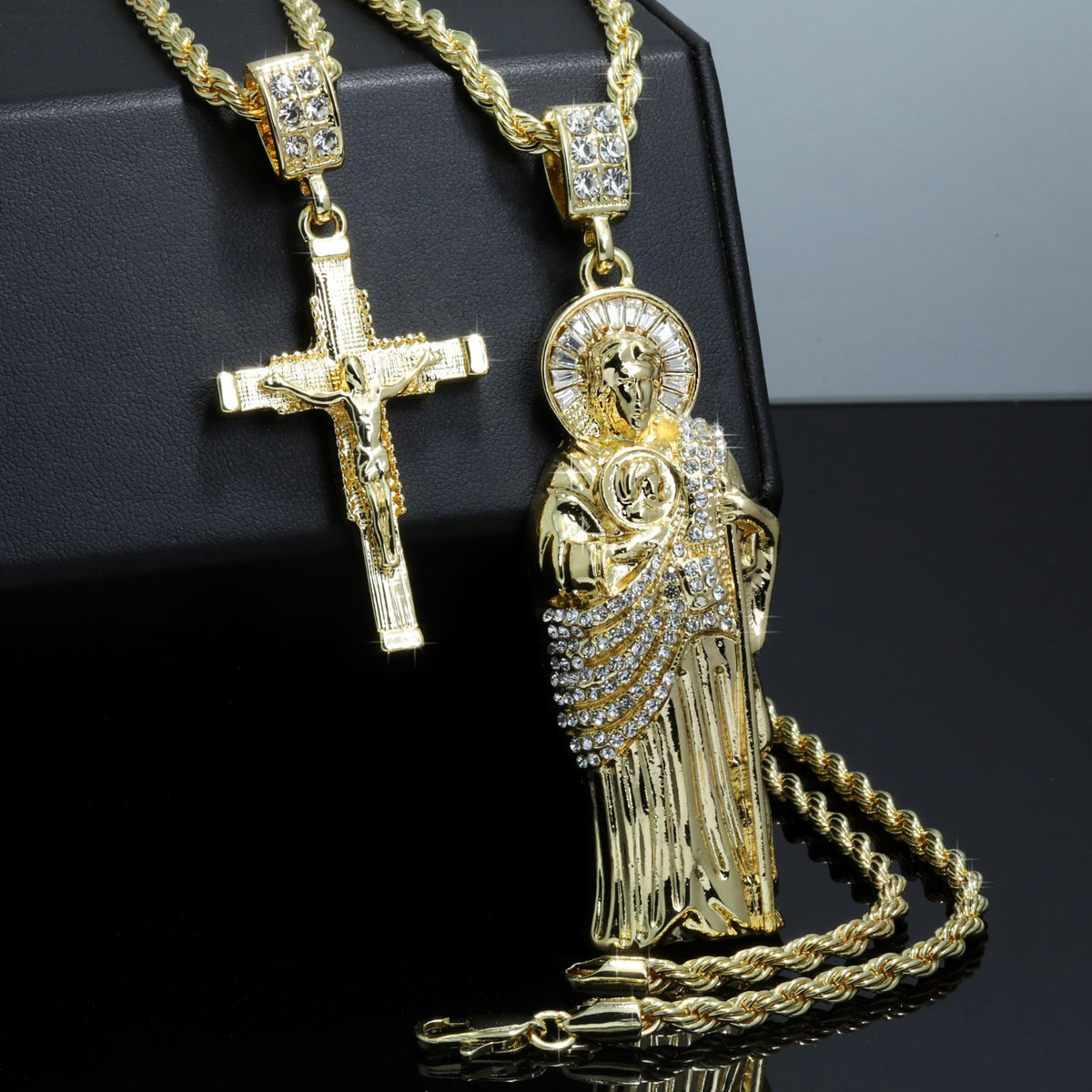 San Judas & Staple Jesus Cross Iced CZ Gold 4mm Rope Chain