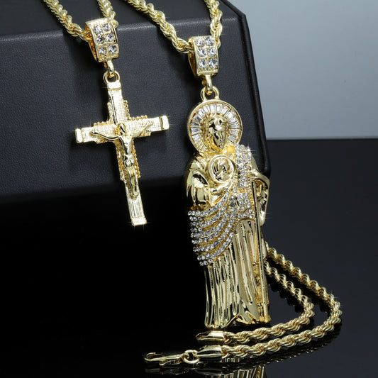 San Judas & Staple Jesus Cross Iced CZ Gold 4mm Rope Chain