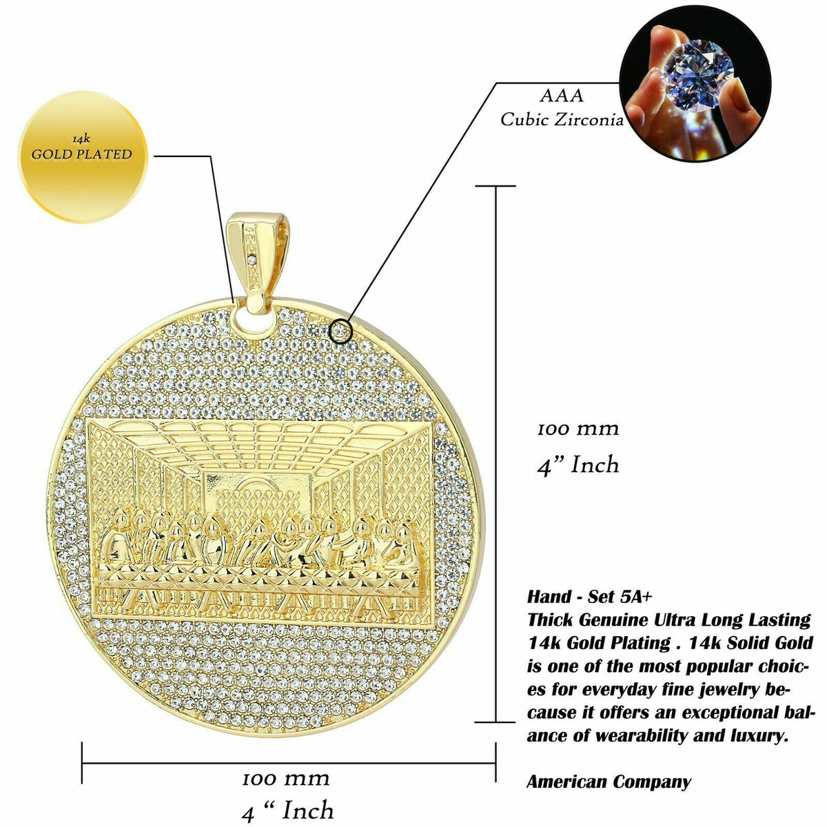 Xxl Last Supper Pendant CZ Iced Cuban Chain Gold Men's 18-30"