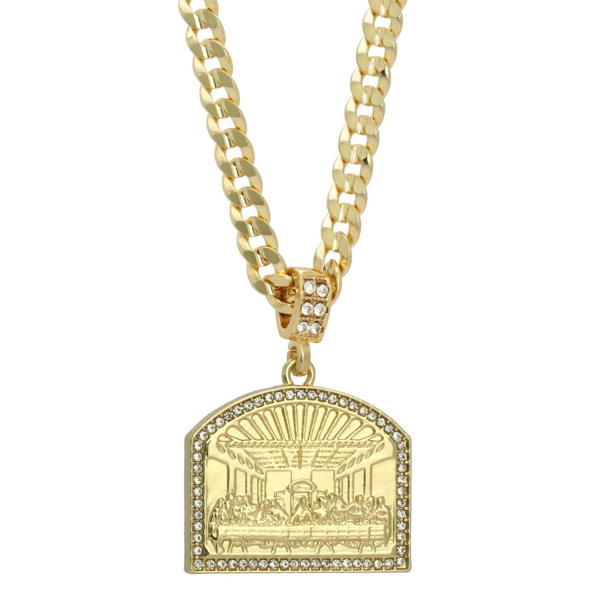 Men's 14k Gold Last Supper Pendant CZ 24" Cuban #98 Chain