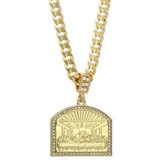 Men's 14k Gold Last Supper Pendant CZ 24" Cuban #98 Chain
