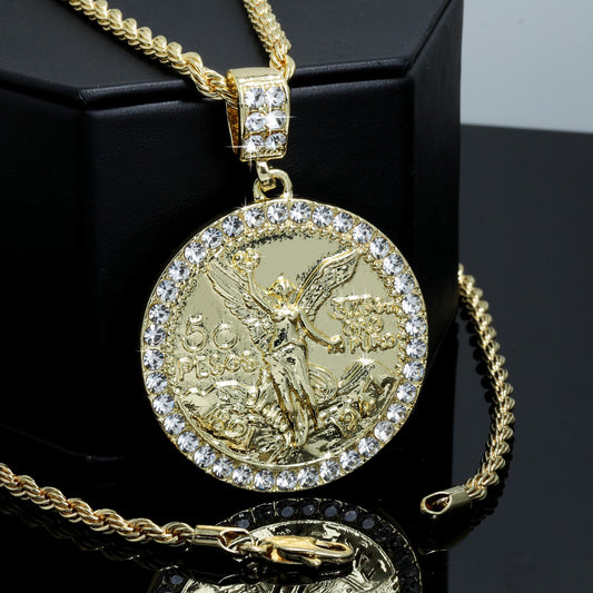 Centenario 50 Peso Pendant Iced CZ 4mm Rope Chain 14k Gold