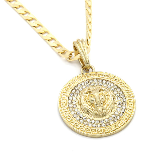 Medallion Pattern Lion Gold CZ 24" Cuban Curb Chain Pendant