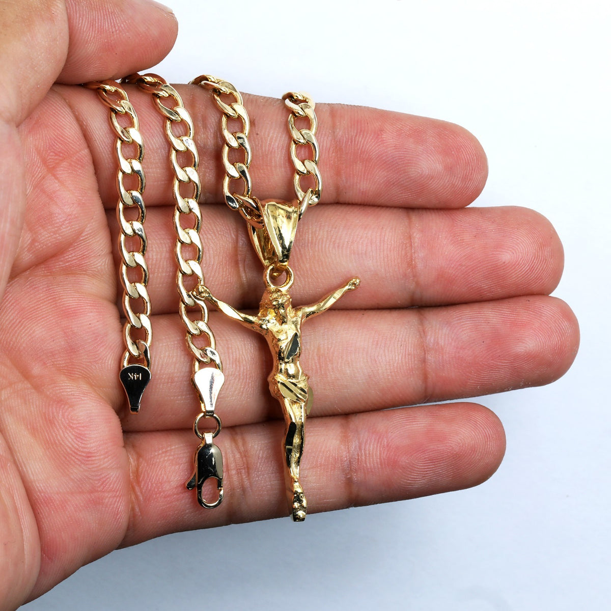 Jesus Crucifix Charm Pendant 14k Gold 5mm 20" Cuban Choker Chain