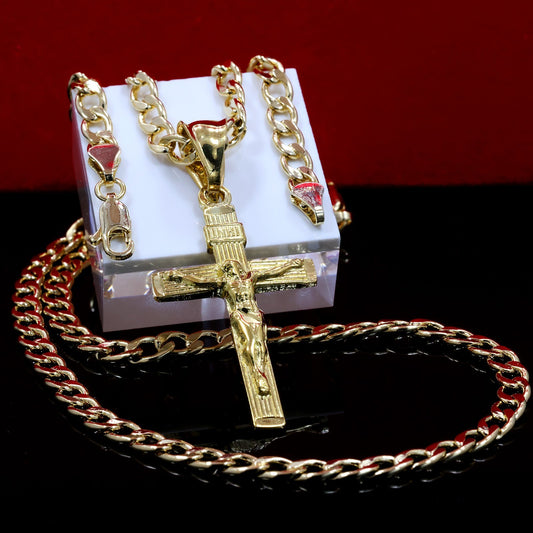 14k Slim Jesus Cross Pendant Gold Inri Charm 20" Cuban Link Choker Chain