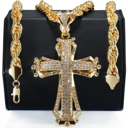 14k Rope Chain 10mm 20" & 24"In Large Hollow Cross Gold Style