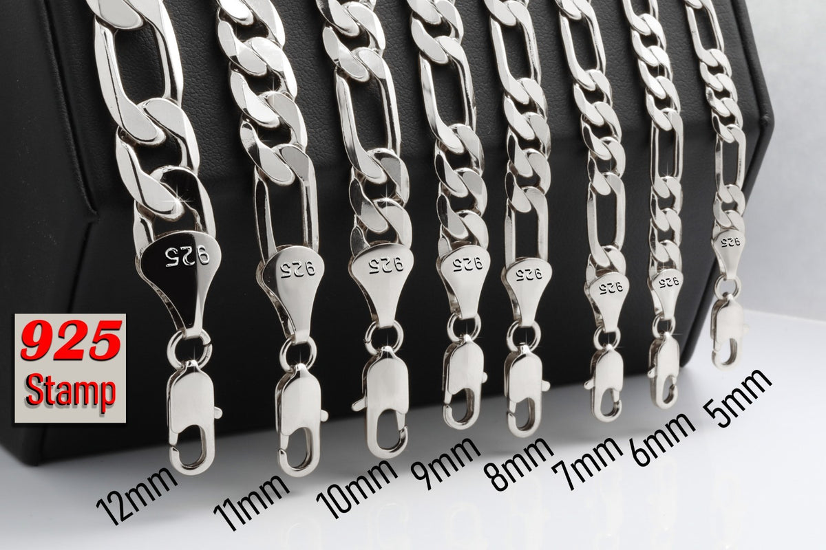 Figaro Chain 925 Silver 5, 6, 7, 8, 9, 10, 11, 12mm - 24" & 30" Men Women