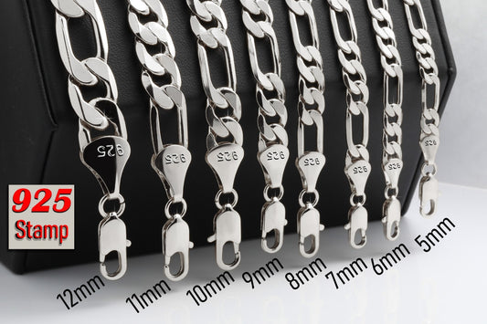 Figaro Chain 925 Silver 5, 6, 7, 8, 9, 10, 11, 12mm - 24" & 30" Men Women