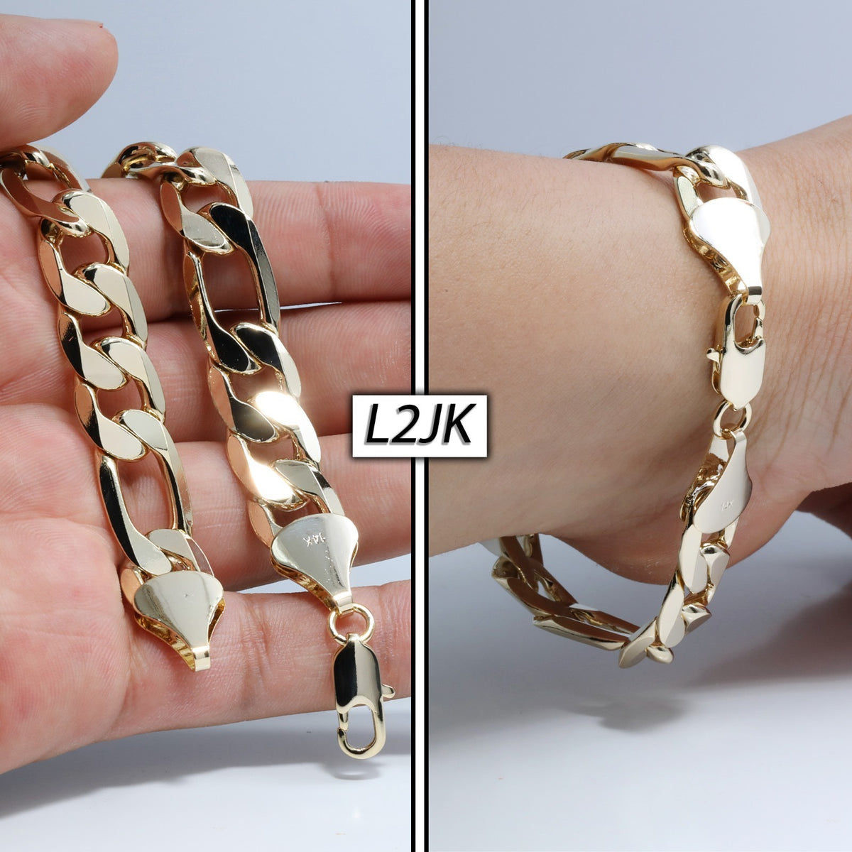 Figaro Link Chain Bracelet 12mm 8.5" 14k Gold Men's