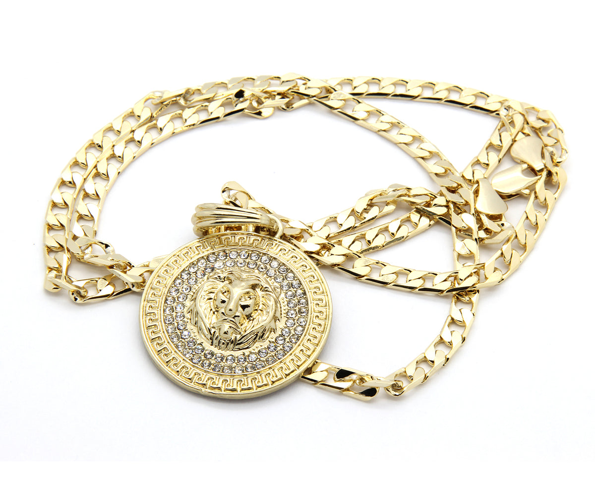 Medallion Pattern Lion Gold CZ 24" Cuban Curb Chain Pendant