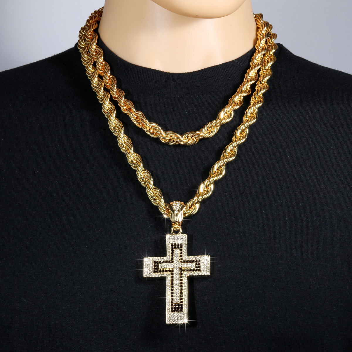 14k Rope Chain 10mm 20" & 24"In Large Cross Black Gold Style